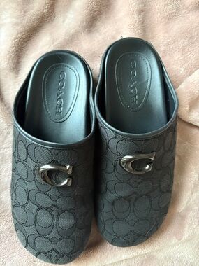 Coach Black Signature Logo Slip-On Mules with Silver 'C' Hardware